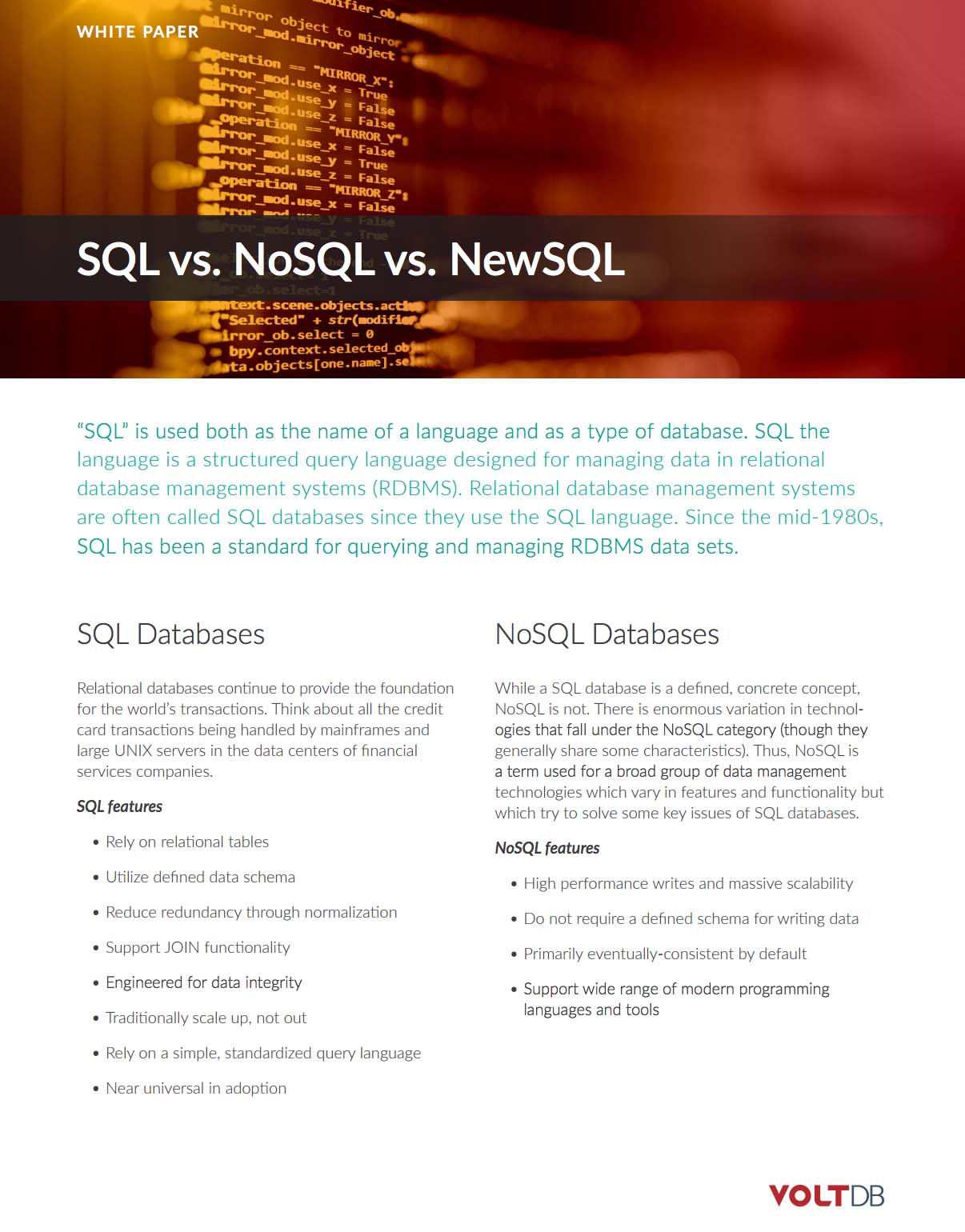 Volt Active Data Whitepaper: SQL vs NoSQL vs NewSQL