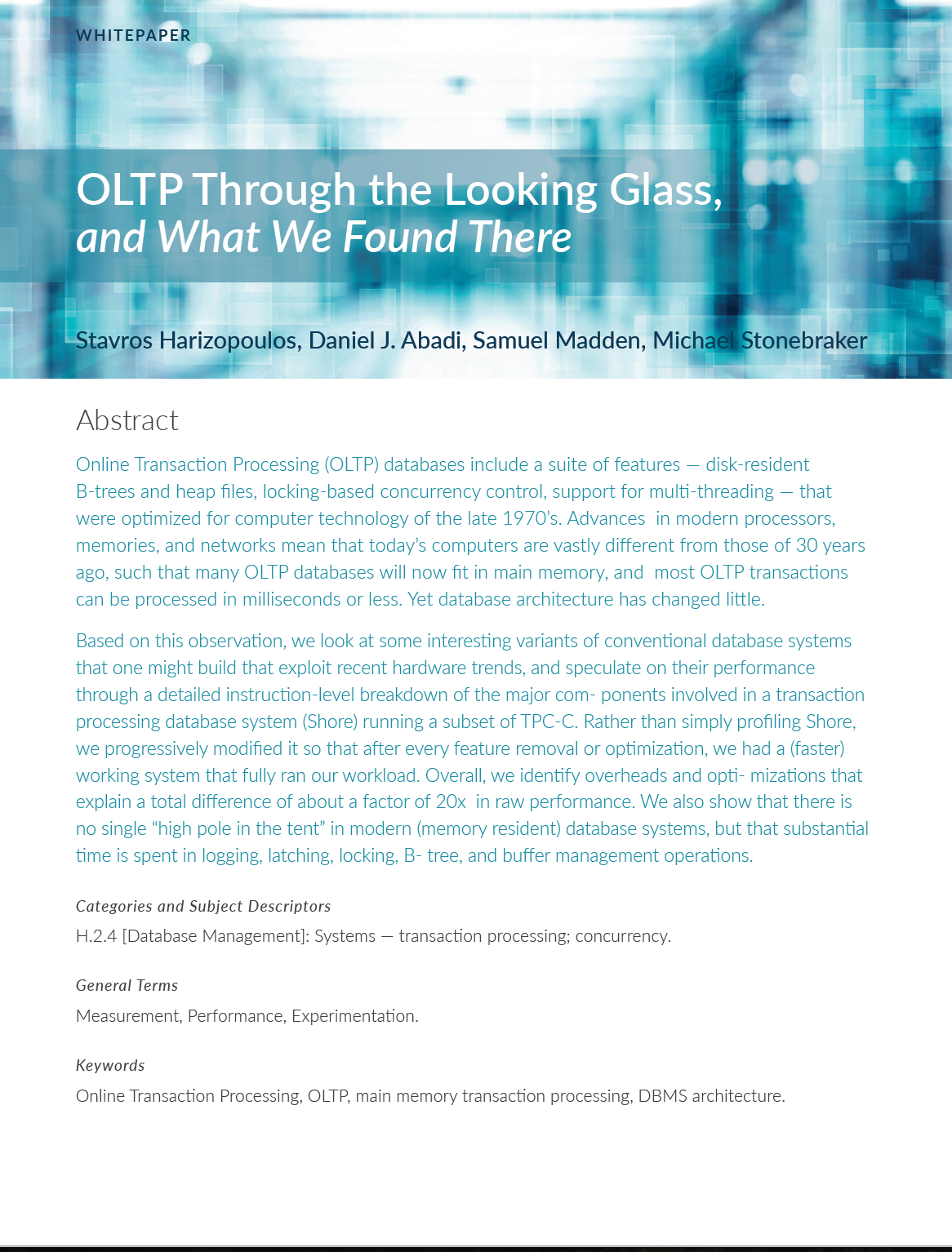 Whitepaper: Through the Looking Glass by Micheal Stonebraker