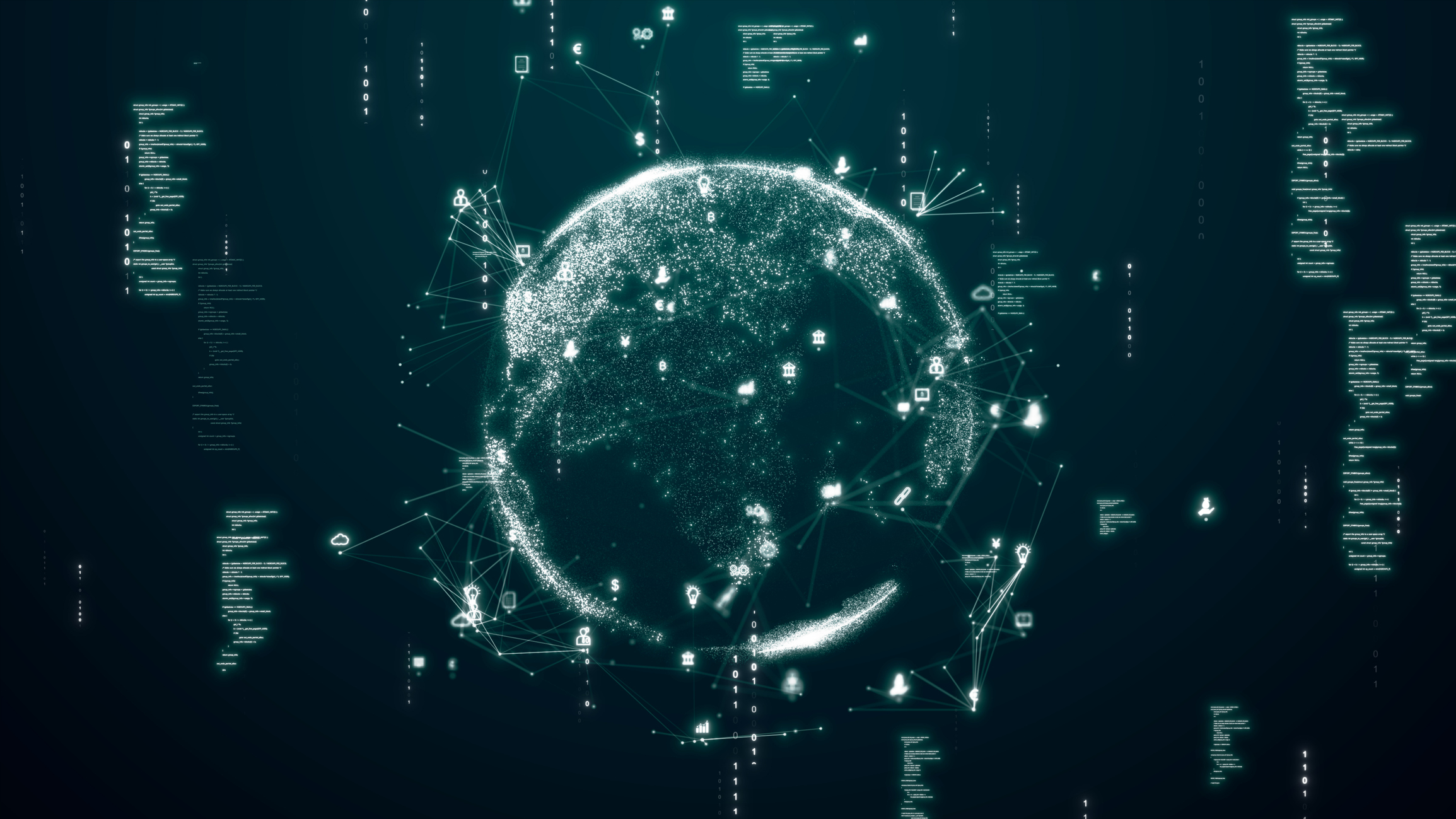 Digital technology concept, data sheet management with large database capacity and high security around the world. Distributed white icons interspersed with polygons on a dark green background.